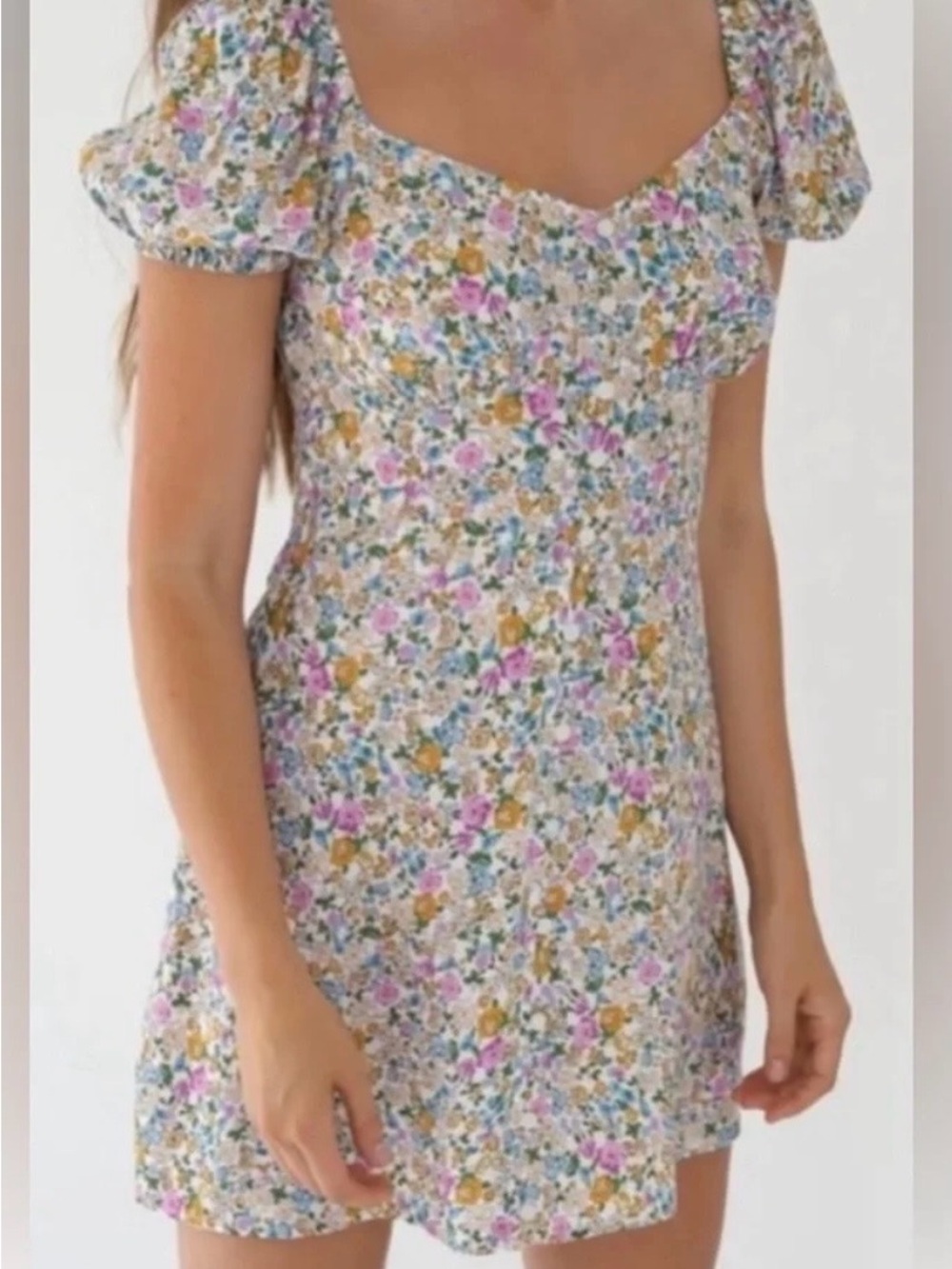 Elodie Floral Mini Dress in White with Pink, Gold and Blue Flowers